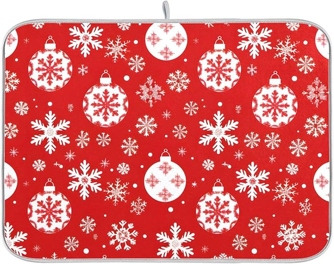 Christmas Snowflake Ball Baubles Dish Drying Mat for Kitchen Counter Absorbent Microfiber Drying Pad, Medium 16x18 in
