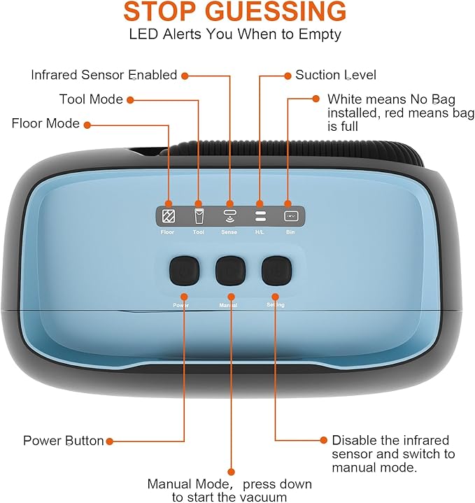 Touchless Automatic Vacuum Dustpan, Bagged Canister Vacuum with 5-Pack Disposable Dustbags, IR Sensor, LED Alerts, Handheld Accessories for Floors/Corners/Salons