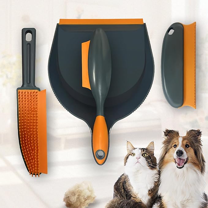 Pet Hair Removal Set with Double-Sided Carpet Brush, Dustpan and Comb, Professional Cleaning Tools for Carpet, Sofa, Car Mat, Orange and Grey, 4 Pieces