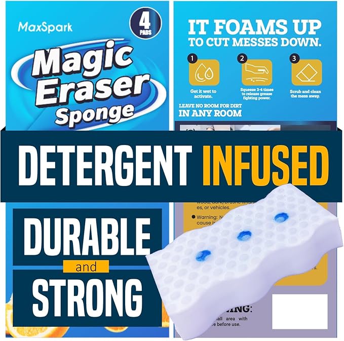 Magic Eraser Sponges 4 Pack – Thick Melamine Cleaning Sponges for Walls, Kitchen, Bathroom & Floors – White Magic Sponge Eraser Pads for Heavy Duty Multi-Purpose Cleaning