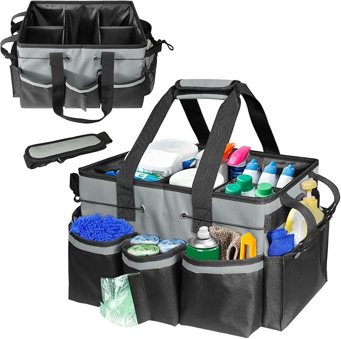 Cleaning Tool Organizer Bag with Handles | Large Waterproof Cleaning Caddy, 17.8x12.2x9.3in | Detachable Shoulder Strap & Dividers | for Car Detailing, Housekeeping, Cleaners (Grey)
