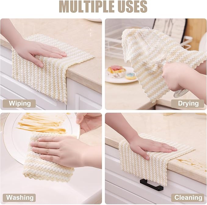Homaxy 18 Pack Kitchen Dish Cloths, Ultra Soft and Absorbent Dish Towels, Reusable Fast Drying Microfiber Cleaning Cloth, Coral Velvet Wave Design Lint Free,10 x 10 inches, Beige