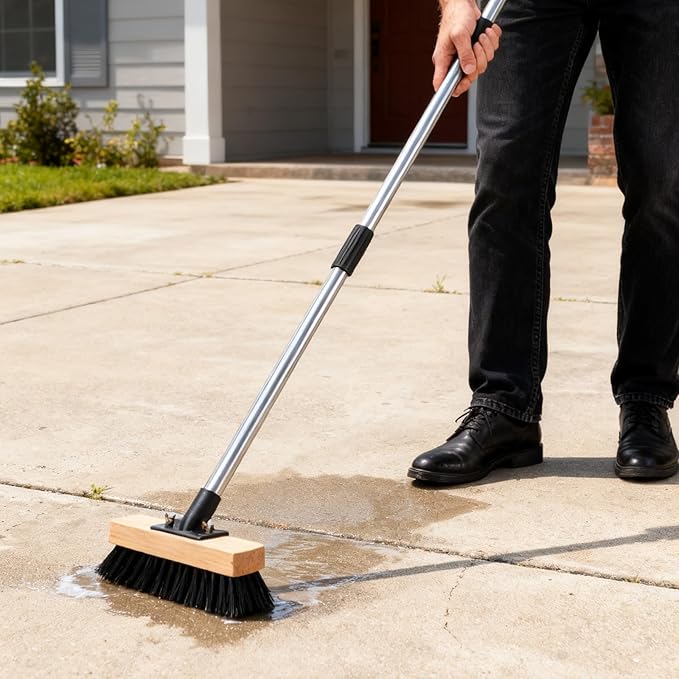 Heavy Duty Adjustable Push Broom with Stiff Bristles, Solid Wood Head Multi-Surface Floor Brush for Bathroom Tile, Pool Deck, Patio Cleaning