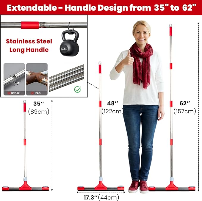 Heavy Duty Floor Squeegee for Concrete Floor – 17.3” EVA Foam Blade with Cloth Clip Design, 62” Extendable Handle, Multi-Surface Floor Squeegee Broom for Windows, Bathroom, Garage, Tile, Patio &Shower
