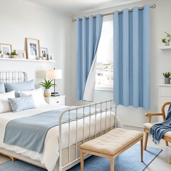 YoungsTex Light Blue Linen 100% Blackout Curtains 63 Inches Long for Bedroom, Room Darkening Thermal Insulated Drapes with Grommet Light Blocking for Coastal Living Room, 2 Panels, 52 X 63 Inch