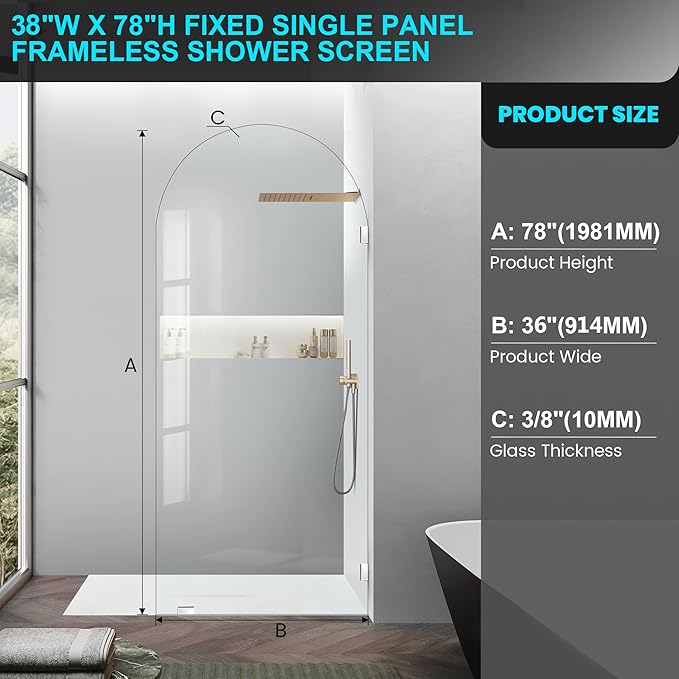 36" W ×78" H Shower Glass Panel, Glass Shower Door Single Panel with Clamps, 3/8"(10mm) Thick Clear Tempered Frameless Shower Door in Chrome