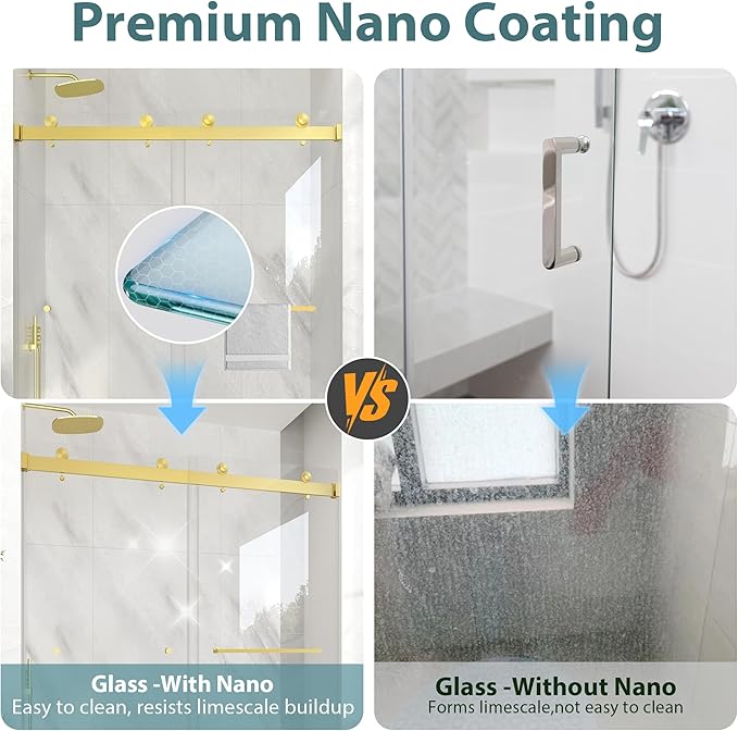 KPUY Frameless Shower Door, 55-60" W x 76" H Double Sliding Glass Shower Door, 1/4" (6mm) Thick Tempered Clear Glass with Explosion-Proof Film Nano Coating, Brushed Gold