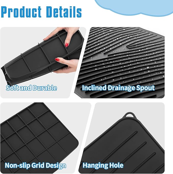 Silicone Dish Drying Mat for Kitchen Counter - Large & Small XL Drainer Mats Set with Lip, Fast Drying Rubber Dish Drain Mat (3, S&L&XL)