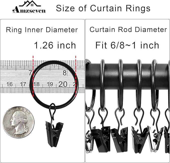 90 Pack Curtain Rings with Clips, Drapery Clips with Rings, Drapes Rings 1.26 in Interior Diameter, Fits up to 1 in Curtain Rod, Black