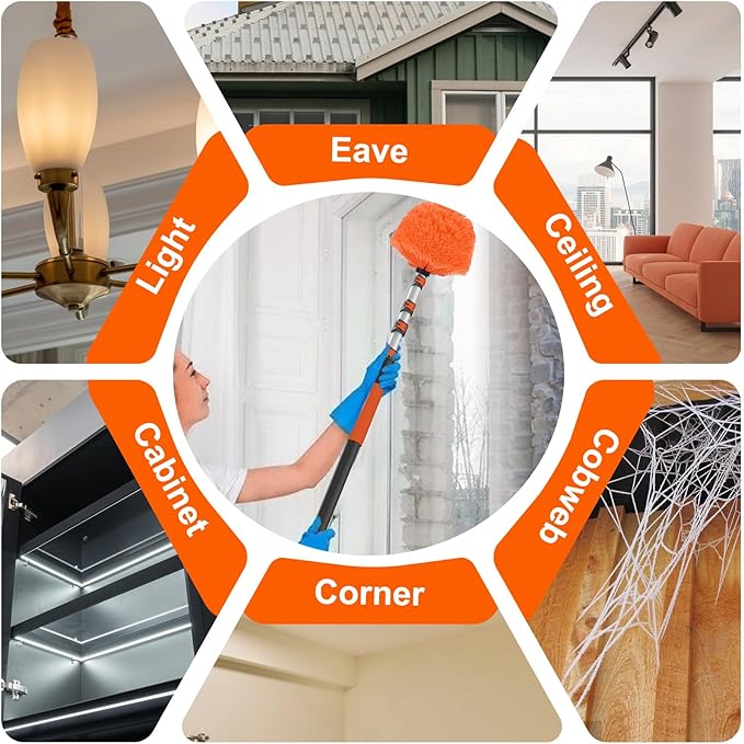 20FT Reach Cobweb Duster with Extension Pole, High Ceiling Long Duster with 3-12FT Telescoping Pole, Spider Web Brush for Indoor Outdoor Use