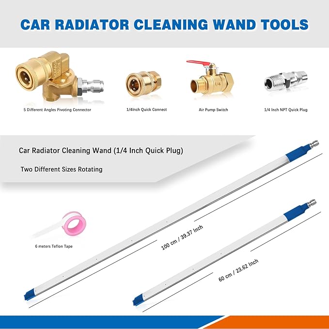 24″Radiator Cleaning Wand, Water/Air 4500PSI Pressure Washer Tool with Pressure Washer Gun Adapter, Clean Brush and Sealing Tape, Tips for Cars, Trucks, Heavy Equipment Radiator Cleaning Tool