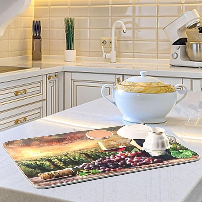 Grapes Wine Glass Bottle Dish Drying Mat for Kitchen Counter Absorbent Microfiber Drying Pad, Medium 16x18 in