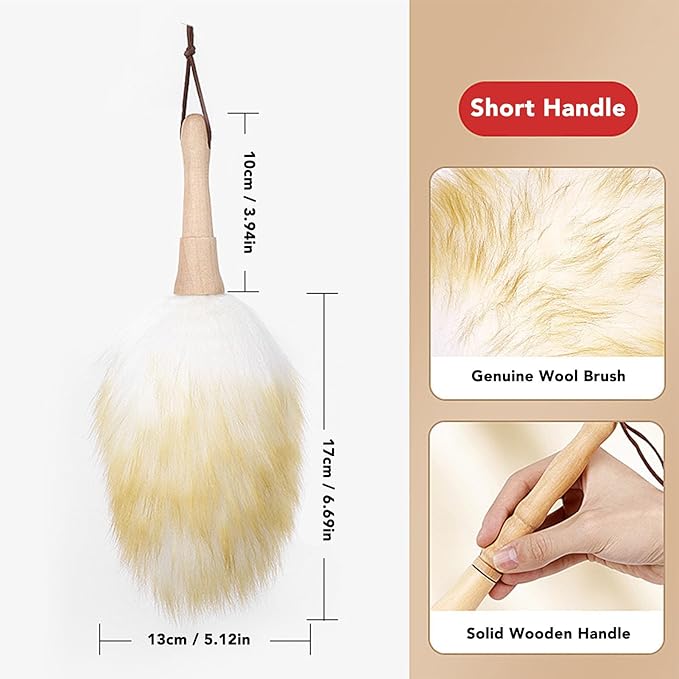 SUNGOOYUE Lambswool Duster with Solid Beech Wooden Handle, Anti Static Multifunctional Long Feather Duster for Office Home Blinds Table Piano with Soft Lambswool (Short Handle)