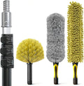 4-12Ft Telescoping Extension Pole Kit, 4-in-1 High Reach Duster with Chenille Microfiber Feather & Cobweb Duster Attachments for Ceiling Wall Hard-to-Reach Indoor & Outdoor Cleaning Yellow