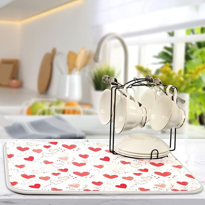 Happy Valentine’s Day Dish Drying Mat for Kitchen Countertop 18x24 Love Heart Red Pink Large Drying Mat Reusable Quick Dry Dish Sink Mats Easy Clean Decorative Essentials