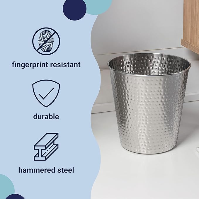 happimess HPM1110C Axel Modern Minimalist Hammered Steel 2-Gallon Wastebasket for Home, Bathroom, Living Room, Office, Bedroom, Kitchen, Brushed Steel