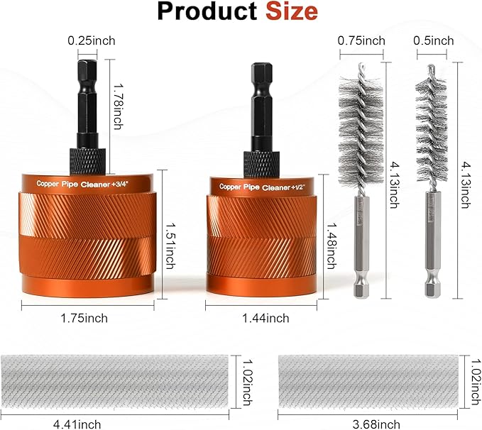 1/2" & 3/4" Copper Pipe Cleaner Set for Drill, with 1/4" Hex Shank & 6 Brush Blades & 2 Pipe Cleaning Brush, Plumbing Tools for Removing Rust, Stains & Paint from Copper & Metal Pipes, Orange