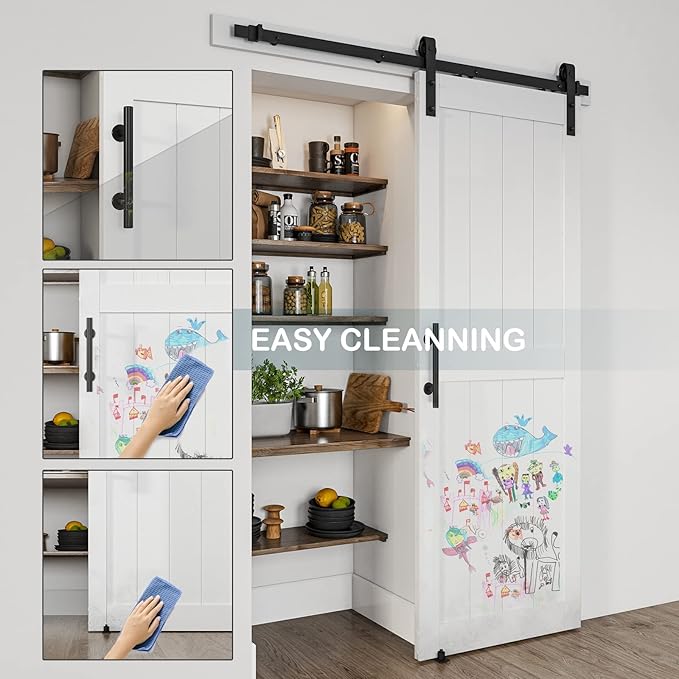 30''x96'' Sliding Barn Door with 5 Ft Barn Door Hardware Kit& Handle& Floor Guides,Pre-Drilled Holes Easy Assembly - Include Installation Manual, Water-Proof PVC Surface, H-Frame, White
