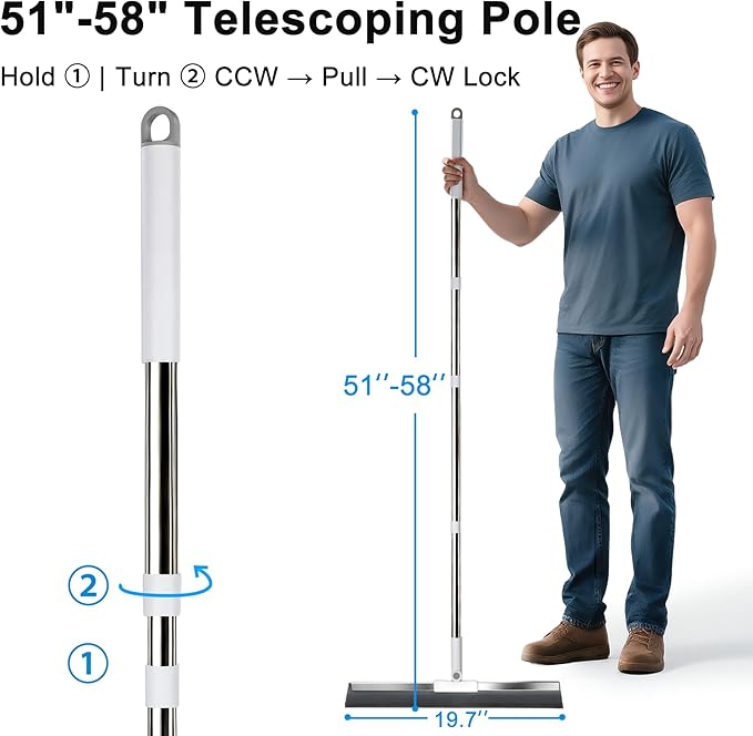 19.7'' Large Floor Squeegee for Concrete Floor with 51''-58'' Telescoping Stainless Steel Handle, Squeegee Broom for Removing Water on Tile, Epoxy, Garage, Driveway, Patio