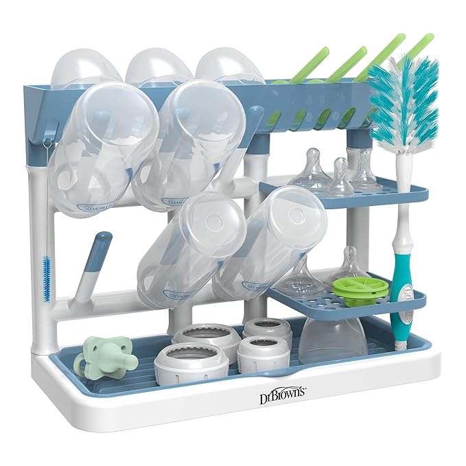 Dr. Brown's Drying Tower, Stand-Up Drying Rack, Countertop Baby Bottle Drying with Organized Storage for Baby Essentials, Space Saving Vertical Rack, Blue