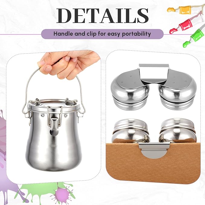 2 Pcs Paint Brush Cleaner Set Stainless Steel Double Dipper Palette Cup Paint Brush Portable Washer Holder for Oil Cleaner Kits(Drum Shape,Large)