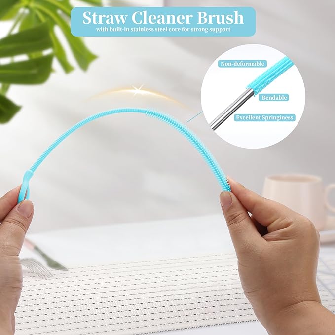 2Pcs silicone straw cleaning brushes, extra long, used for Cleaning Glass Metal Smoothie Straws and StrawCups,Non-slip Handle Soft and Bendable, 6mm+9mm. (Blue)
