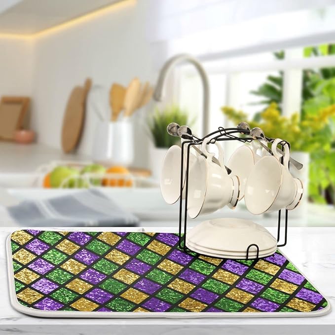 Mardi Gras Dish Drying Mat for Kitchen Gold Purple Green Buffalo Plaid Microfiber Drying Mats Absorbent Reversible Dish Pad Medium Dish Draining Mat 16x18 inch