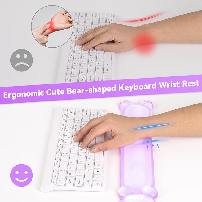 Clear Gel Keyboard Wrist Rest, Bear-Shape Wrist Rest, Ergonomic Wrist Rest for Computer Keyboard 60%/75% (Purple)