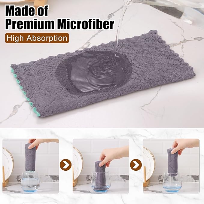 Mordimy 12 Pack Kitchen Cloths Dish Towels (10" x 10", Grey & Green), Super Soft and Absorbent Dish Cloths, Coral Velvet Microfiber Cleaning Cloth, Nonstick Oil Fast Dry Dishcloths