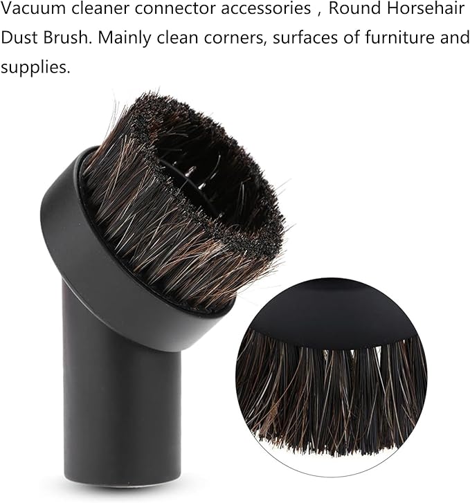 2PCS Black Round Vacuum Brush 1.25" Horse Hair Dust Brush 1 1/4" Vacuum Cleaner Duster Sweeper Accessory for Cleaning Vacuum Blinds Upholstery Rug Hard Small Spaces Soft Bristle
