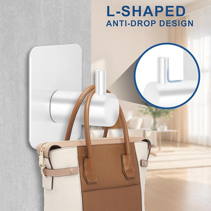 Adhesive Hooks for Bathrooms, 4 Piece Towel Hooks for Hanging Hat Robe Coat, Stick on Hooks for Kitchens, Strong Self-Adhesive No Damage Waterproof Stainless Steel Sticky Hook (White)