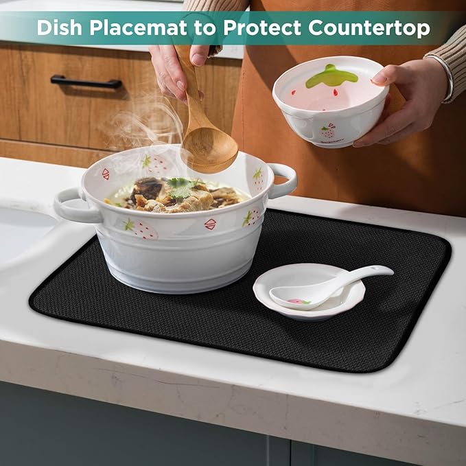 Microfiber Dish Drying Mat, Super Absorbent Kitchen Dish Drying Pad, Reversible for Countertop, 12*16 inch Black