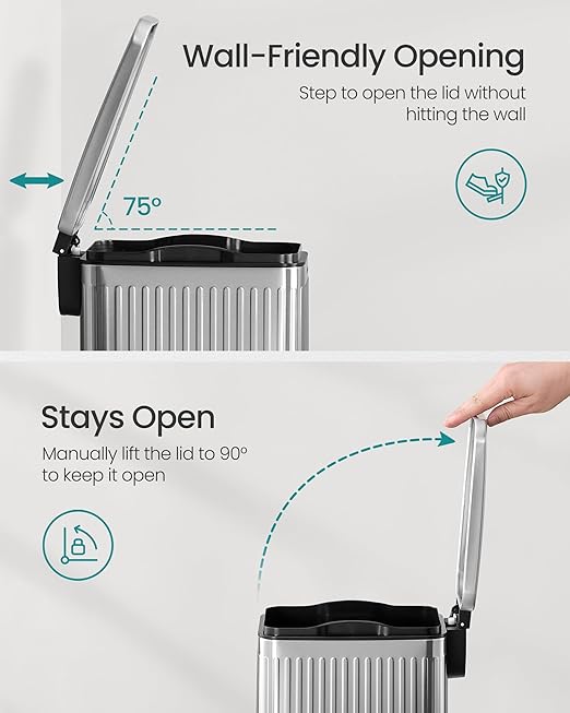 SONGMICS Bathroom Trash Can, 1.6-Gallon (6 L) Trash Bin with Lid, Slim for Small Spaces, Stainless Steel Garbage Can, Soft Close, Silver ULTB563E01