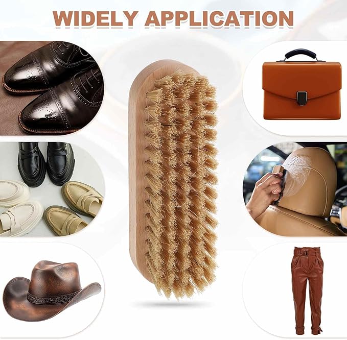 HARFINGTON Shoe Cleaning Brush 5"x2" Beech Wood Pig Bristle Boot Polish Brushes for Leather Shoes Boots Cloth Cleaner, Brown Wood