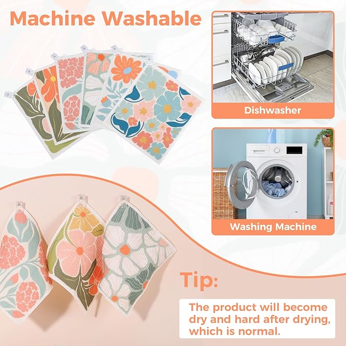 6 Pack Swedish Dishcloths for Kitchen,Abstract Floral Swedish Rags Dish Towels with Clips, Reusable Paper Towels Washable Absorbent Cellulose Sponge Cloths No Odor for Cleaning Home Sink Kitchen