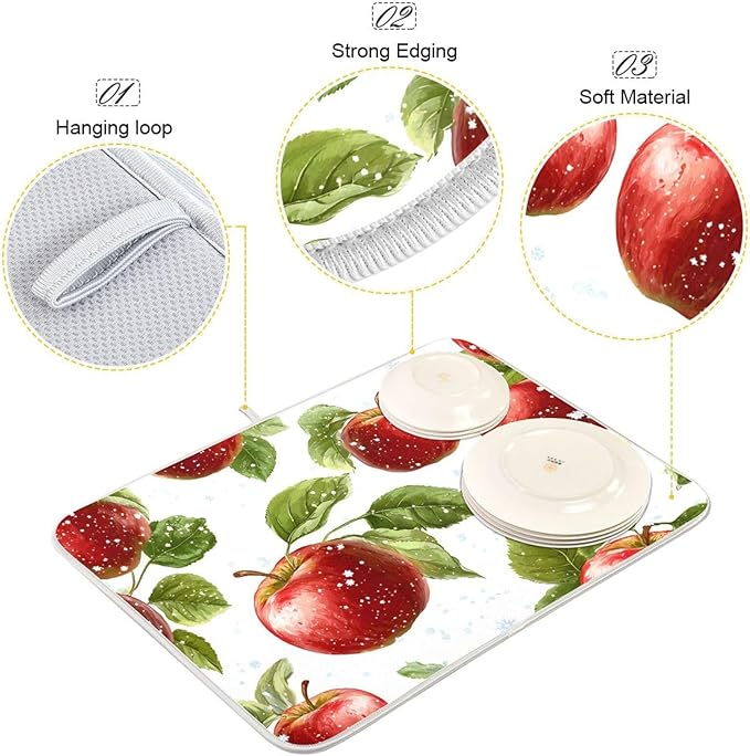 Snowflake with Apple Pattern Dish Drying Mat for Kitchen Counter Super Absorbent Drying Mat 18x24 inch Large Dish Drying Matts for Countertop Protector Dishes Pad