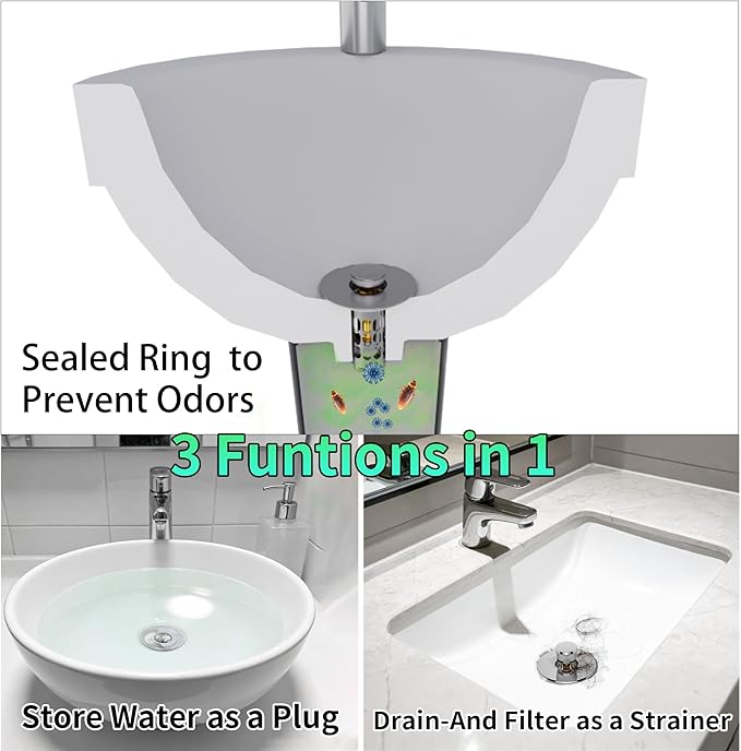 Bathroom Sink Stopper Drain Hair Catcher,3 in 1 Bathroom Sink Drain Strainer with Anti-Clogging Filter Basket,Sink Stopper Bathroom Drain for 1.06"~1.61" Drain Hole 2 PCS(Silver Chrome)