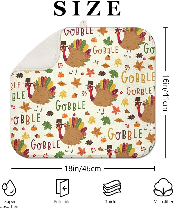 Thanksgiving Dish Drying Mat for Kitchen Counter, Cream Turkey Pattern Microfiber Kitchen Drying Mat, Washable Absorbent Countertop Harvest Fall Dish Mat Drainer, 16x18 Inch