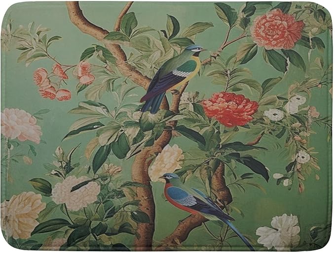 Khope Green Chinoiserie Dish Drying Mat for Kitchen Counter 18x24 Inch Spring Vintage Bird Flower Reusable Washable Farmhouse Flower Drying Pad Countertop Home Decor