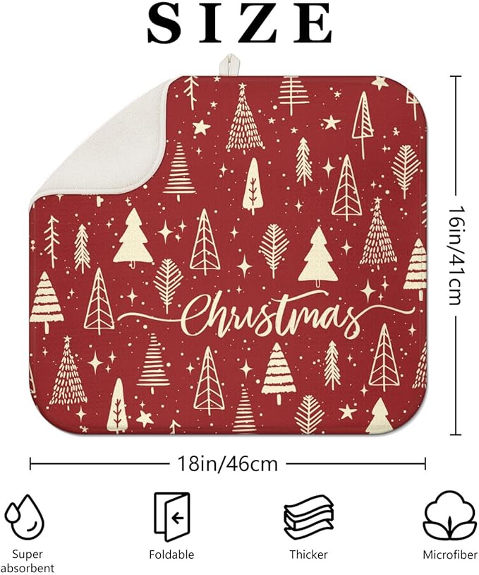 Christmas Kitchen Countertop Dish Drying Mat, Red Christmas Tree Snowflake Pattern Microfiber Kitchen Drying Mat, Washable Absorbent Countertop Xmas Winter Holiday Dish Mat Drainer,16x18In