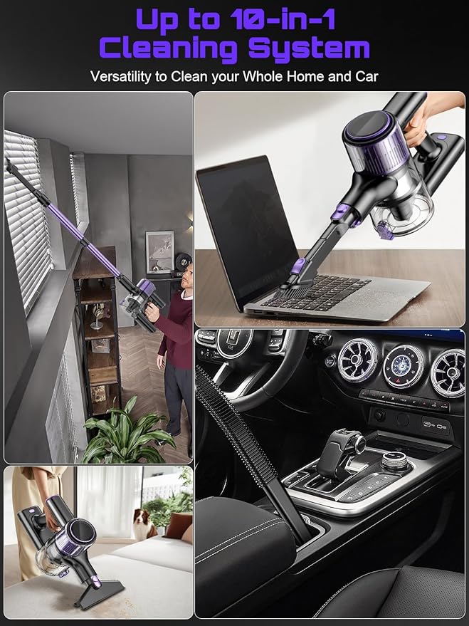 Cordless Vacuum Cleaner, 10 in 1 Stick Vacuum with Powerful Suction, Hose, Green LED Light, Anti-Tangle Brush, Lightweight Rechargeable Vacuum Cleaner for Home, Hardwood Floors, Carpets