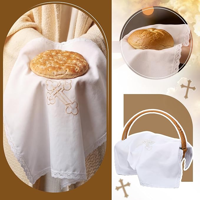 Easter Orthodox Pascha Basket Cover Table Decoration Easter Religious Gift 16" Square Orthodox White Cross Embroidered Natural Crochet Large Cloth Communion Prosphora Greek Christian Altar