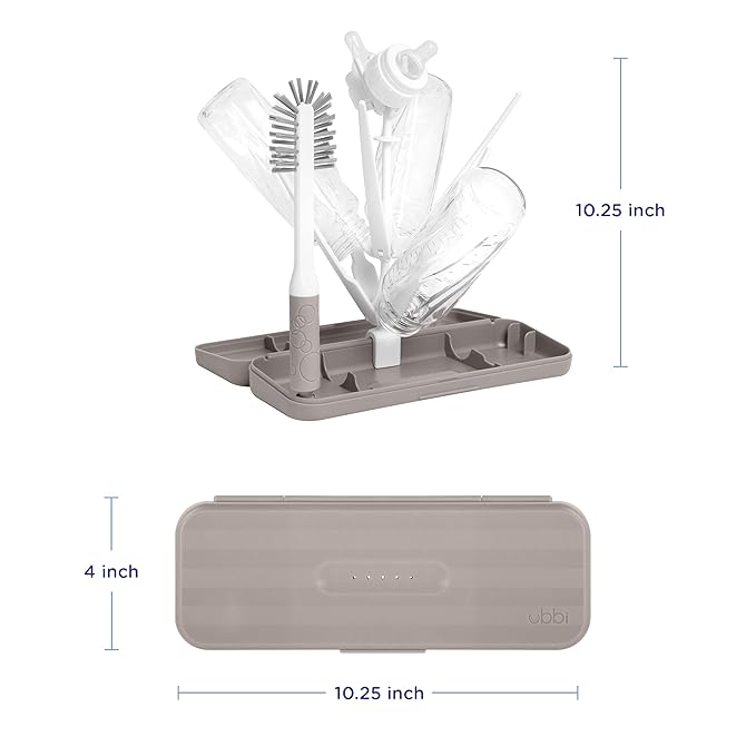 Ubbi On-The-Go Drying Rack and Brush Set, includes Travel Case and Bottle Brush for Compact Storage, Holds Up to 8 Bottles, Baby Travel Accessories, Taupe