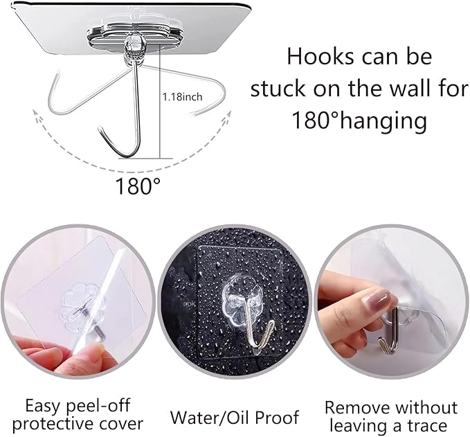 30-Pack Strong Adhesive Wall Hooks for Hanging Heavy Duty, Self Adhesive Towel Coat Hat Hook Bathroom Shower Organizer for Wall,Door,Closet Hanging Hooks, No Drilling (Transparent)
