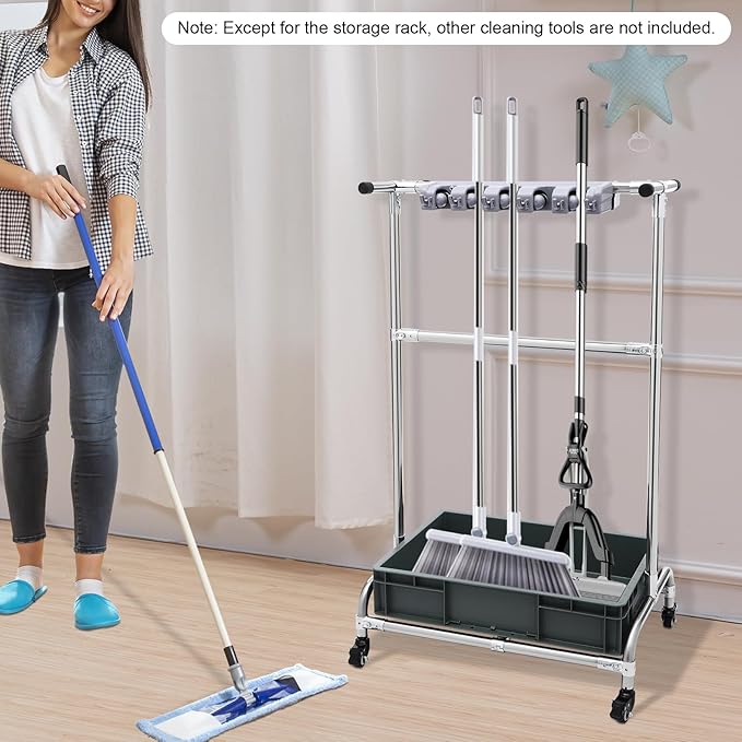 Broom and Mop Holder Put Wet Mops Movable Floor-Mounted Mop Rack Floor Standing Cleaning Tool Cart Storage with 12 Pack and Wheel Broom Holder Organizer for Garden,Garage, Shed, Outdoor