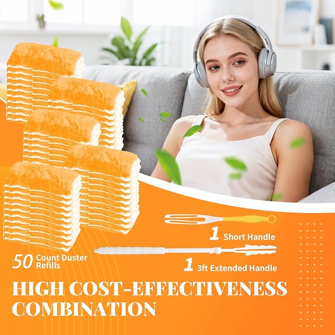 Duster Refill for Swiffer Duster, 50 Count Disposable Dusters Kit for Cleaning Dusting Furniture Blind Ceiling Fan, Multi Surface 360 Feather Duster & 3FT Extended Handle & Short Handle