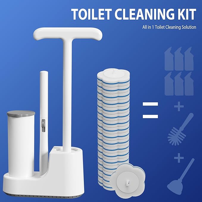 Disposable Toilet Brush and Plunger Set, Dual Handdle Toilet Plunger, All-in-1 Bathroom Cleaning Kit with 18PCS Refills, Toilet Cleaning Stick and Ventilated Holder (White)