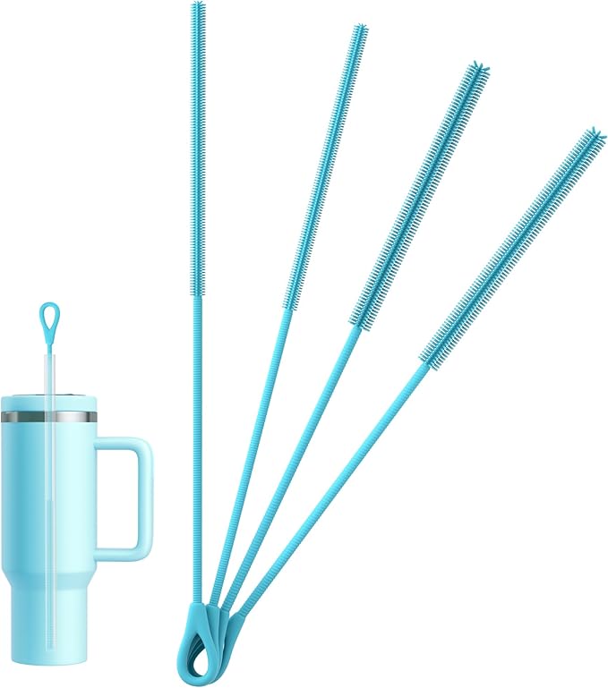 Silicone Straw Cleaner Brush - 4 Pcs Straw Brush for Water Bottle Sippy Cup Tubes Glass Straws, Reusable Bendable and Dishwasher Safe Blue