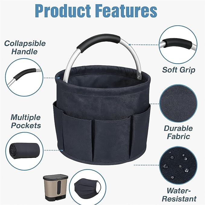 17L (5 Gal) Foldable Cleaning Caddy with Handle - Portable Supply & Tool Organizer | Organizador de Limpieza para Accesorios (Black)