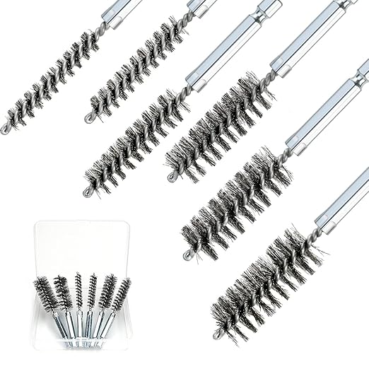6 Pcs Stainless Steel Bore Brush Set with 1/4" Hex Shank Twisted Wire Bristles, Different Sizes (8, 10, 12, 15, 17, 19mm) for Rust and Tube Cleaning